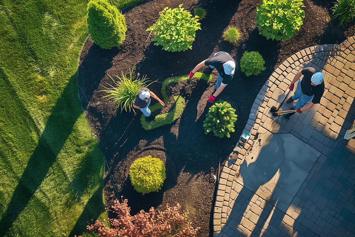 home-three-workers-garden-planting-bushes-flowers